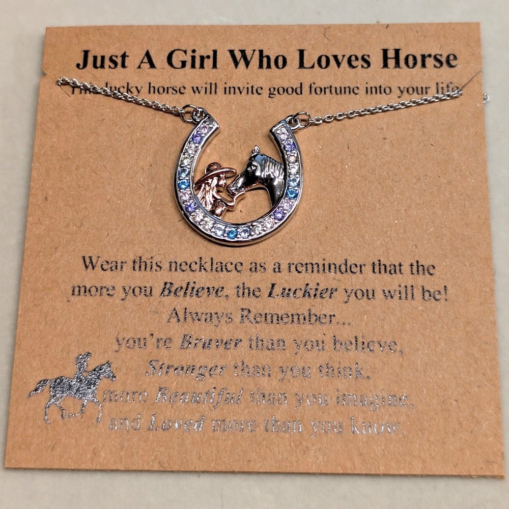 NEW Just A Girl Who Loves Horses Necklace Silver Rose Tone Horseshoe Rhinestone